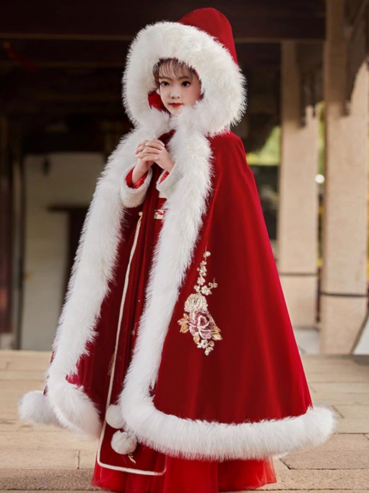 Child plus fleece Thickened Cape Girl Hanfu Cloak China Wind Christmas Shawl Hood Wind Windproof Jacket Beiyr Dress-Taobao
