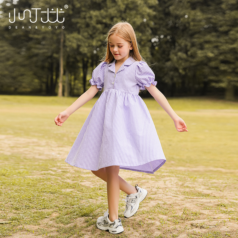 Girl's plaid one-piece dress for summer clothes 2022 new CUHK Bubble Blisters Sleeves Cotton Shirt Dress Princess children Dresses