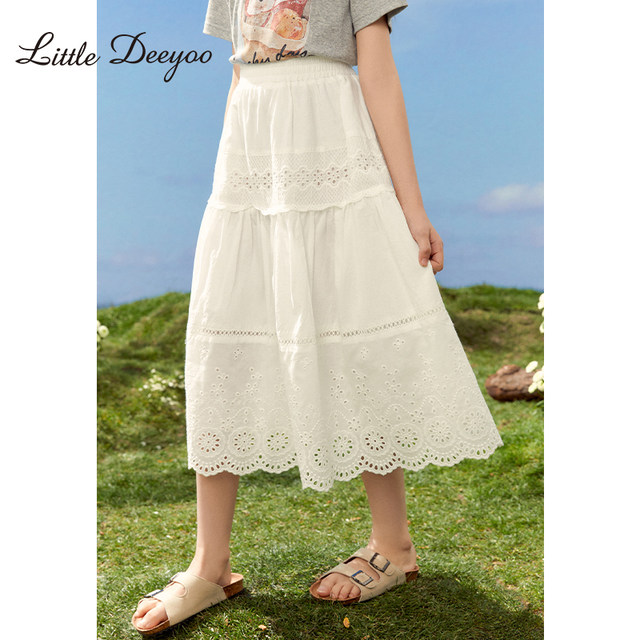 Xiaoding Youyou Girls Hollow Skirt Embroidered Flower Skirt 2024 Summer New Style ສິ້ນຝ້າຍບໍລິສຸດທີ່ເປັນມິດກັບຜິວຫນັງອະເນກປະສົງ A-Line Skirt