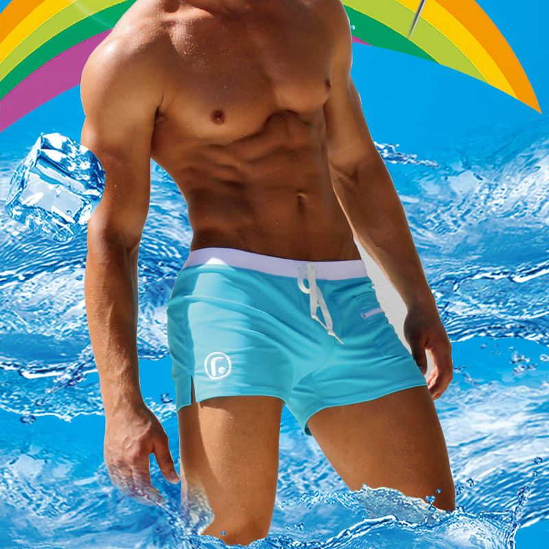 Men's Boxer Swim Trunks with Drawstring, Stylish, Close-Fitting, Front Horizontal Stripe Pocket, Quick-Drying, Hot Spring Swimming, Four-Corner Sports, Summer