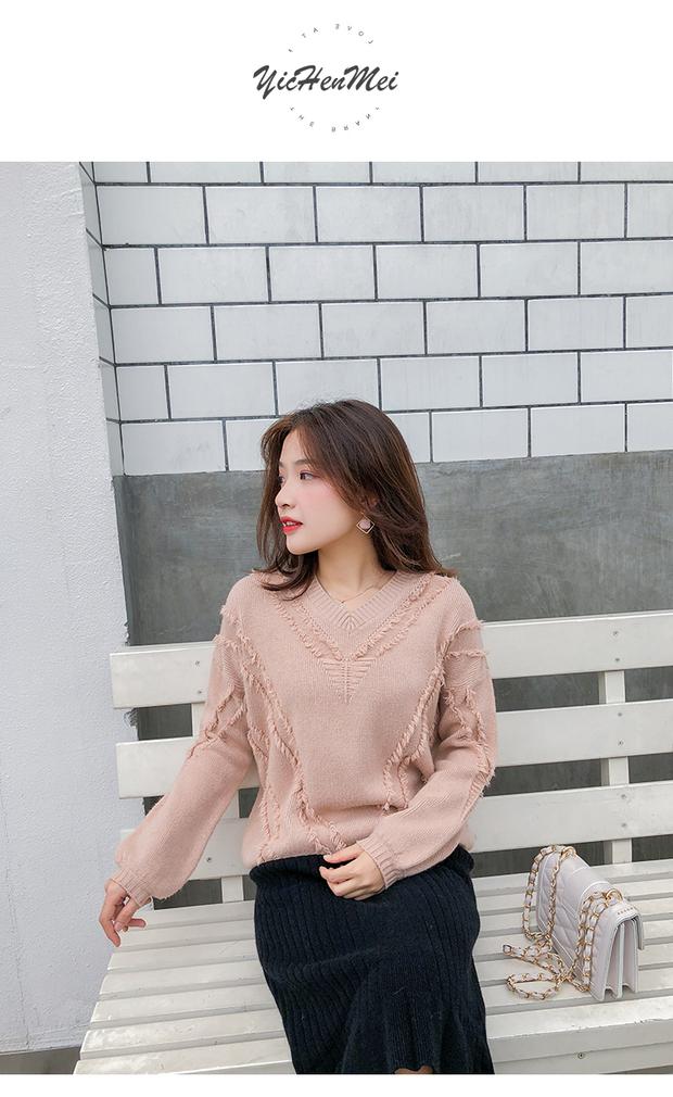 Áo dệt kim nữ tay dài mùa thu 2018 mới bộ tua rua màu hồng cổ chữ V màu đỏ tops Áo len gió lửng ngọn áo cổ lọ