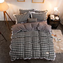 ins pure cotton color weave washed cotton four pieces of cotton quilts full cotton quilts with lace edge plaid striped bed linen bed
