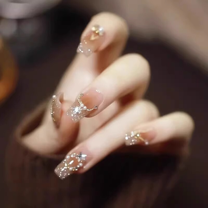 Handmade Manicure, Wearable Nails, New Year's Style 2024, French Style, Sparkling, Melard Crushed Diamonds, High-End, Niche, Whitening Nails