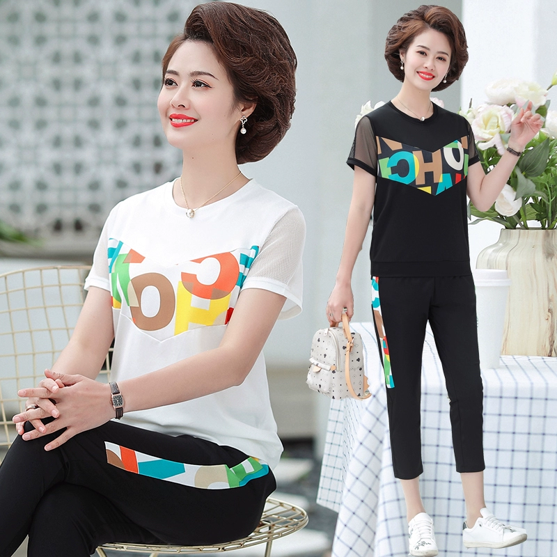 Bộ đồ thể thao cotton mùa hè dành cho phụ nữ trung niên và người già kiểu dáng mỏng Áo thun ngắn tay áo sơ mi nhỏ giản dị - Phụ nữ cao cấp