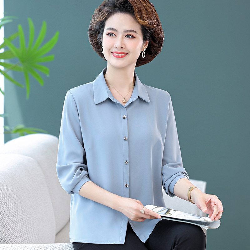 Middle-Aged and Elderly Mothers' Silk Shirts, Spring and Summer Fashionable Mulberry Silk Tops, Women's Long-Sleeved Shirts, Grandma's Casual Shirts