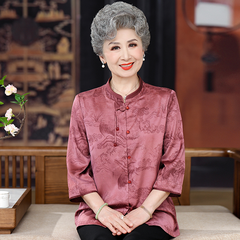 Grandma's Summer Shirt for Women, Middle-Aged and Elderly Mothers, New Chinese-Style Shirt, Mother-In-Law's Wedding Banquet Silk Top Outfit