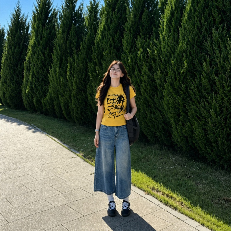 2026 Summer Super Trendy Outfit Set: Yellow Letter Print Top T-Shirt and Women's Wide-Leg Cropped Denim Pants Set 2026 Summer Super Trendy Outfit Set: Yellow Letter Print Top T-Shirt and Women's Wide-Leg Cropped Denim Pants Set