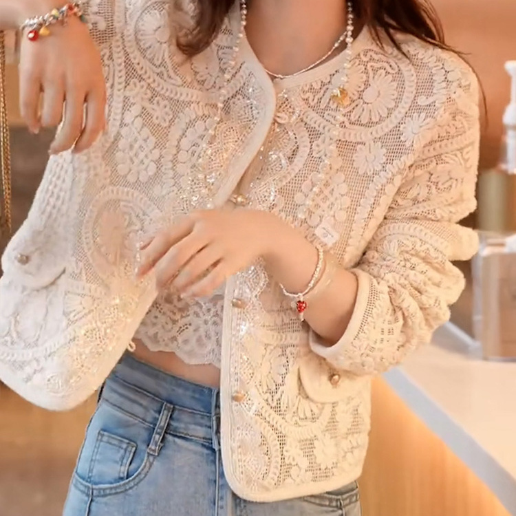 2026 Spring New Style Elegant Slimming Lace Jacquard Top Round Neck French Heavy Lace Long Sleeve Fashionable Jacket