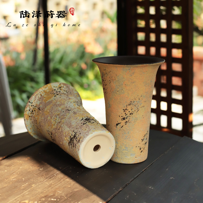Colorful Tall Ceramic Flower Pots for Indoor Tabletop Chinese-Style Ornaments, Flower Vessels, Butterfly Blue Flowing Water, Maple Green Plant Bonsai, Universal
