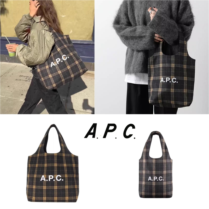 Authentic French A.P.C. Woolen Plaid Bag with Logo Print, Large Capacity Canvas Bag, Shoulder Tote Bag, Shopping Bag