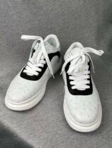 South Africa Ostrich Leather Shoes Black & White Collider Fashion Casual Youth Handmade Board Shoes Round Head Lacing Super Light Rubber Sparkling