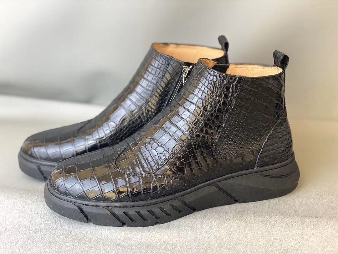 Thai Imported Crocodile Belly Leather Leather Leather Leather Shoes Fashion Casual Pull Chain Middle Cylinder Martin Boots Men Genuine Leather Trendy High Cylinder Boots