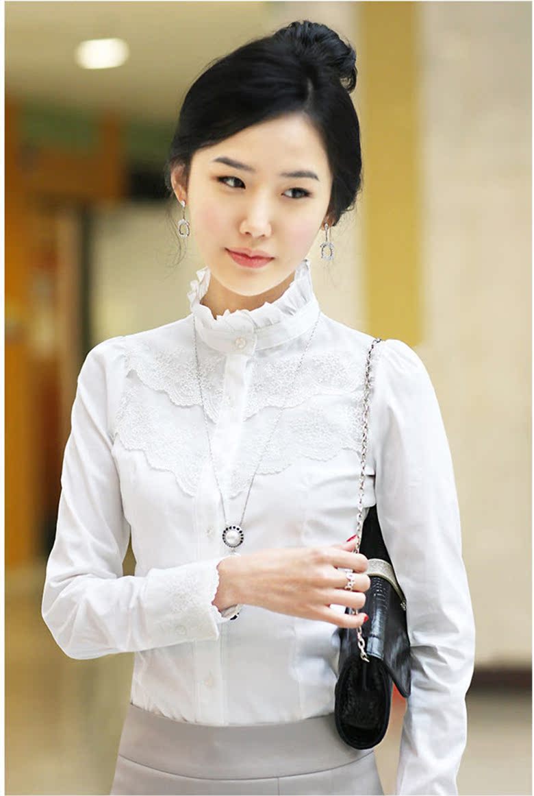 Mùa xuân 2017 mới cộng với nhung Hàn Quốc cổ áo ren đáy quần cotton áo sơ mi trắng tay dài chuyên nghiệp quần tập yoga ống rộng