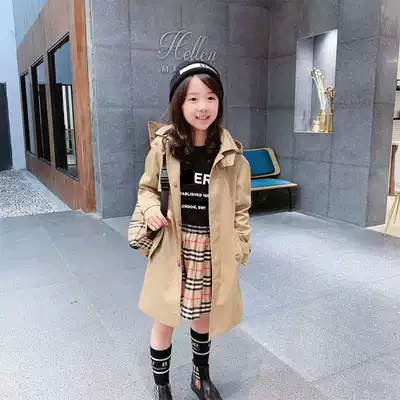 Boys pure cotton windbreaker 2021 new spring children's medium and long version hooded middle and large children's jacket little girl British style