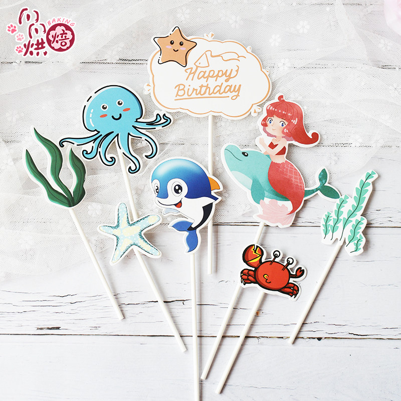 Marine inserts FLAG CARD MERMAID DOLPHIN CAKE INSERT FLAG CARD MARINE ENSEMBLE MATERIAL BAG CAKE INSERT FLAG