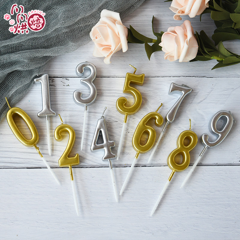 Gold three-dimensional double-sided digital Silver Birthday cake decoration Children's Day Silver Candle Party cake decoration plug-in