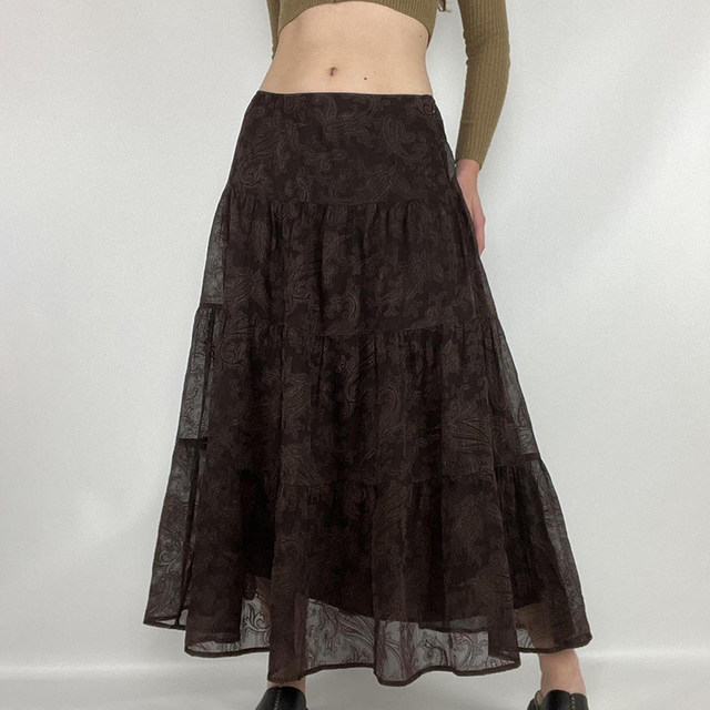 MSYOUCAN retro vintage cashew flower jacquard double-layer printed skirt with distressed feeling A-line long skirt autumn