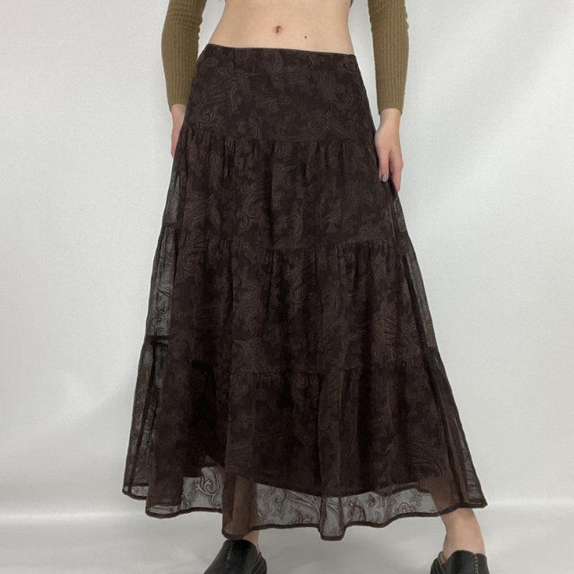 MSYOUCAN retro vintage cashew flower jacquard double-layer printed skirt with distressed feeling A-line long skirt autumn