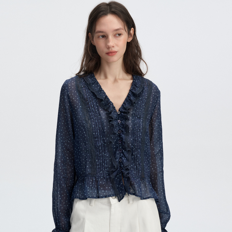 Digbuty Mountain Flowers' French Ruffle Ramie Blue Printed Shirt for Women Long Sleeve High-End Lace Trim Digbuty Mountain Flowers' French Ruffle Ramie Blue Printed Shirt for Women Long Sleeve High-End Lace Trim
