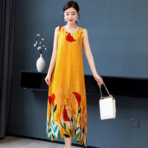Cotton Silk Dress Dress Woman Mid long seaside beach Beach Skirt summer Large-size Temperament Slim sleeveless Blossom Long Dress