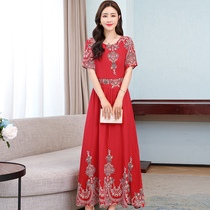 2022 New middle aged mother summer clothes pure cotton silk dress high-end foreign air fashion over knee large swing long skirt