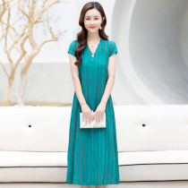 Summer cotton silk dresses middle-aged mommy temperament young manmade cotton dress with long style outskirt in a long dress