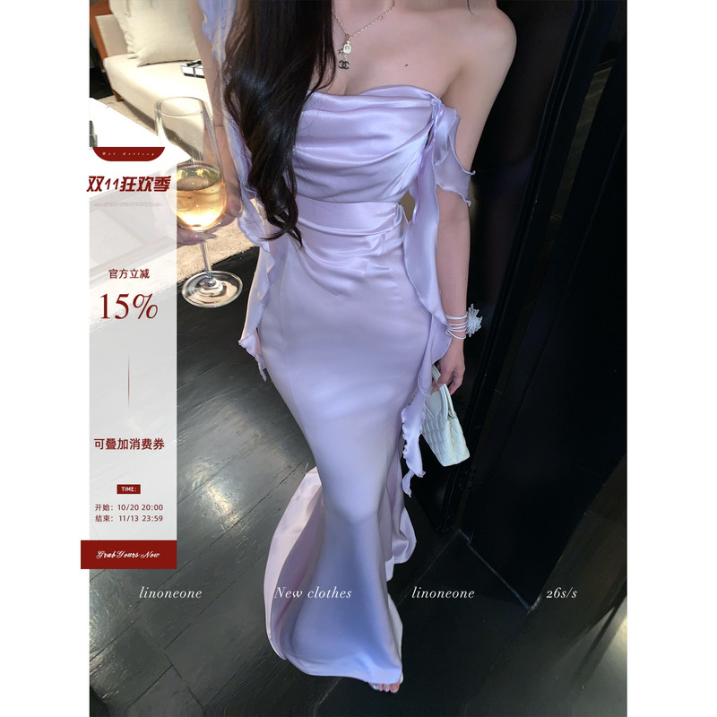 Linoneone Charming Fishtail Dress with a Seductive and Alluring Vibe, Purple Satin Fishtail Gown Dress