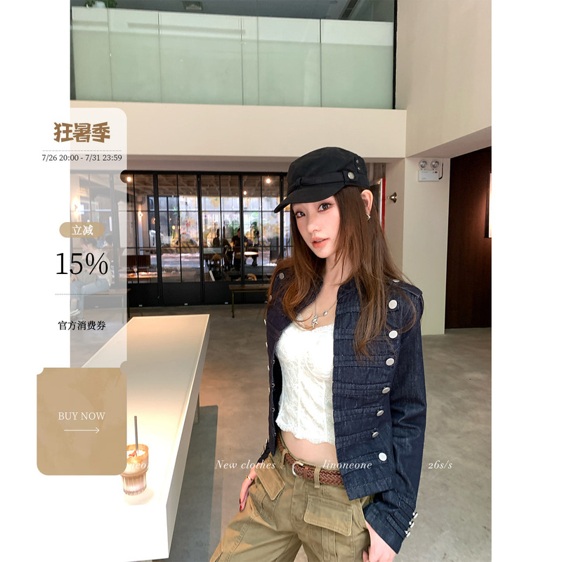 Linoneone Napoleon Diary Washed Vintage Stand Collar Denim Jacket with Epaulettes and Metal Buckle Short Jacket