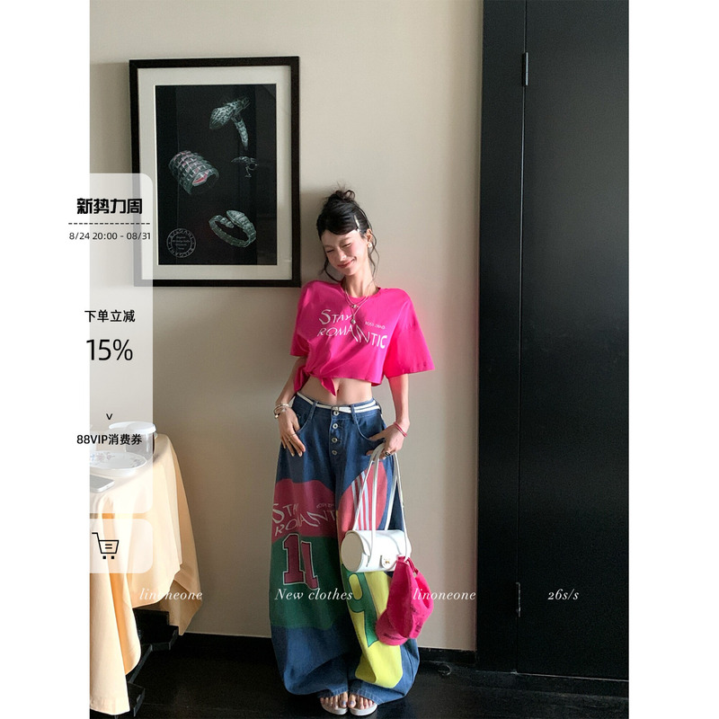 Linoneone Ruth's Same Style 100% Cotton Letter Print Short-Sleeve T-Shirt/Loose T-Shirt/Saber Jeans
