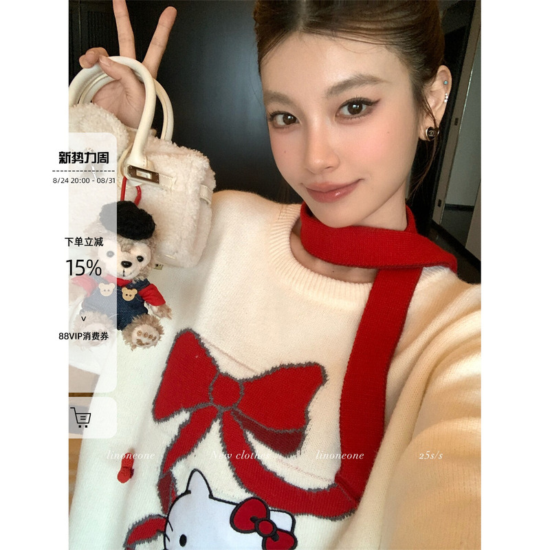 Linoneone Christmas Katie Zhang Ruonan's Same Style Three-Dimensional Red Ribbon Gift Embroidered Knitted Sweater Linoneone Christmas Katie Zhang Ruonan's Same Style Three-Dimensional Red Ribbon Gift Embroidered Knitted Sweater