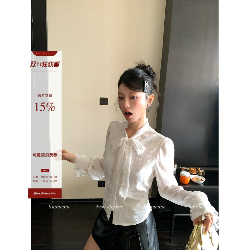 Linoneone Chanson Mist French-Style Heavy-Duty Ribbon Bow Chiffon Blouse for Women, Autumn Inner Wear Top Linoneone Chanson Mist French-Style Heavy-Duty Ribbon Bow Chiffon Blouse for Women, Autumn Inner Wear Top