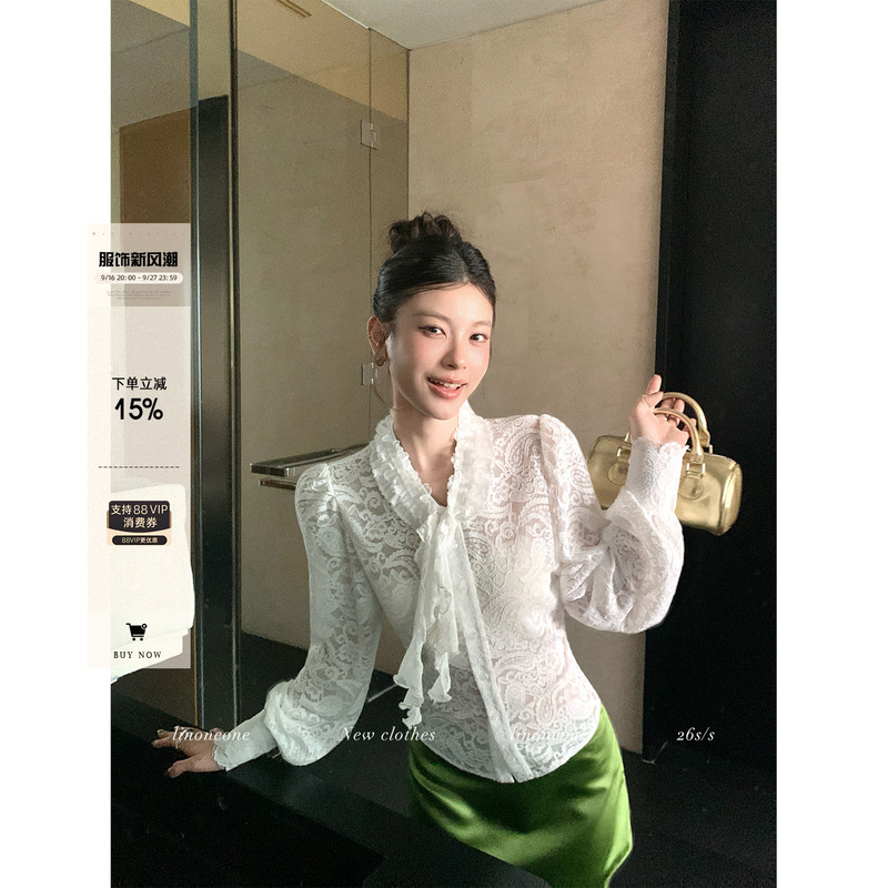 Linoneone Lace Whisper Unique and Beautiful Shirt High-End Fashionable White Lace Blouse Pure Desire Shirt Linoneone Lace Whisper Unique and Beautiful Shirt High-End Fashionable White Lace Blouse Pure Desire Shirt