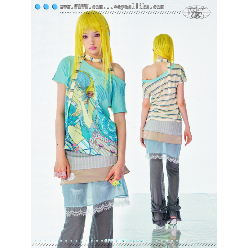 Eyeellike/Wuwu* Do Not Worry/Octopus Grass Collaboration Girl Wearing Headphones Print Off-Shoulder Striped Multi-Wear T-Shirt Eyeellike/Wuwu* Do Not Worry/Octopus Grass Collaboration Girl Wearing Headphones Print Off-Shoulder Striped Multi-Wear T-Shirt