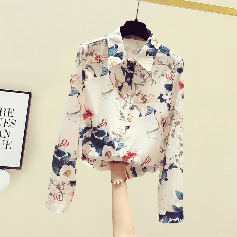 Floral Chiffon Shirt for Women, Spring and Autumn 2026 New Style, Fashionable and Unique Design, Niche Shirt, Women's Long-Sleeved Top