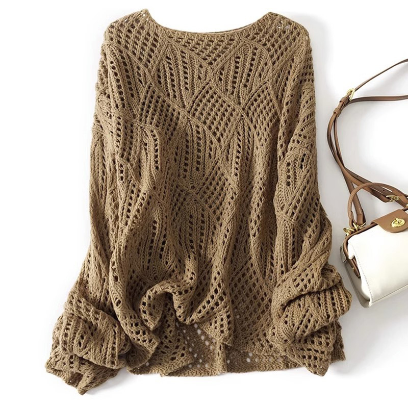 Hollow-Out Knit Sweater for Women, Spring and Autumn 2026 New Style, Loose and Lazy Style, Long-Sleeved Sweater, Base Layer, Outerwear, Blouse Top