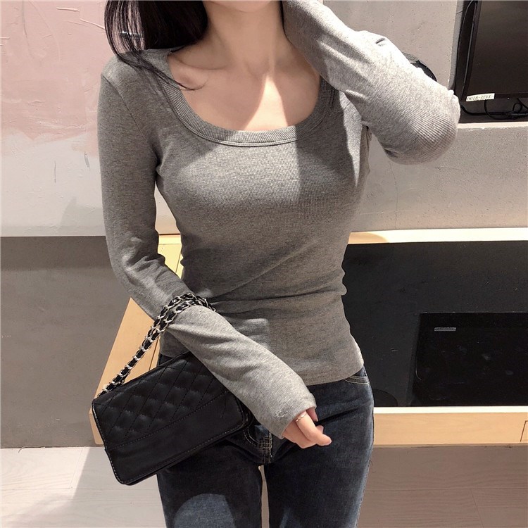 Long sleeve T-shirt woman pure color tight spring 2022 new 100 hitch slim low collar to build up in the undershirt