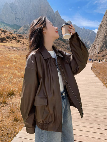 Leather jacket women's autumn and winter 2026 new Hong Kong style retro short style small casual motorcycle leather jacket top