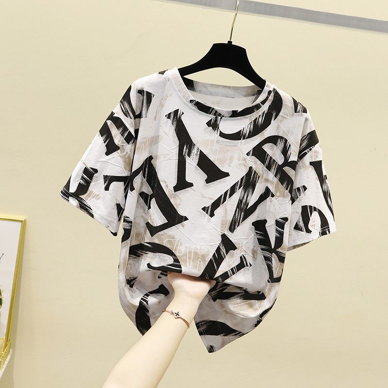 Pure cotton short-sleeved t-shirt women's summer 2021 new Korean loose short section printed round neck half-sleeved top ins tide