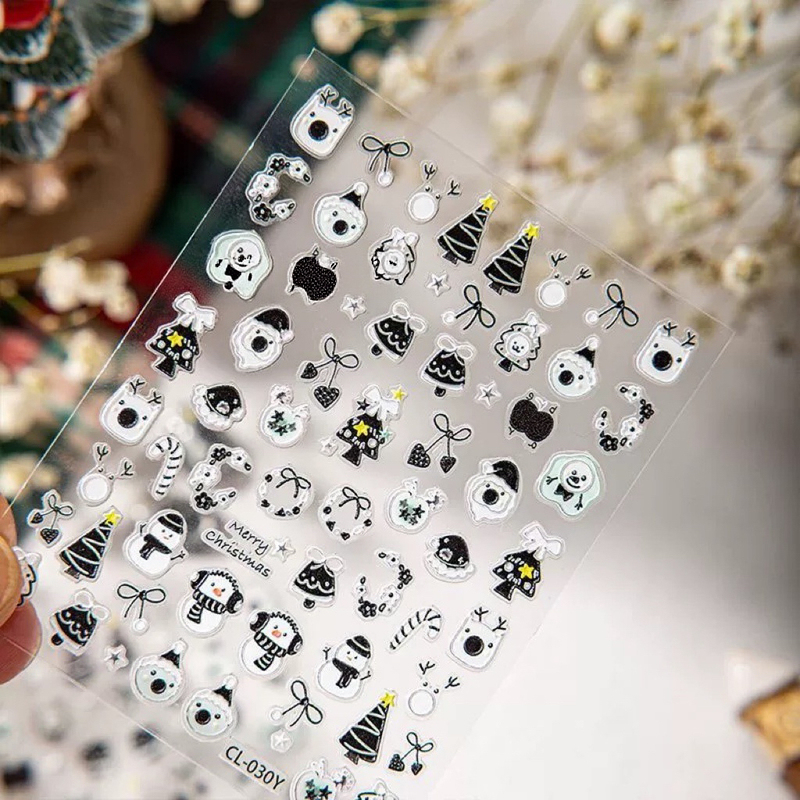 Embossed 3D Christmas Cute Puppy Nail Art Stickers Cute Bow Cartoon Snowman Adhesive Nail Stickers