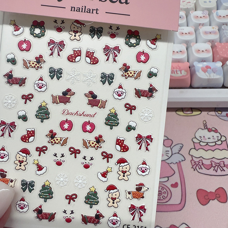 In-Stock Wholesale Christmas Apple Nail Stickers 3D Dachshund Dog Butterfly Cute Adhesive Nail DIY Waterproof Stickers