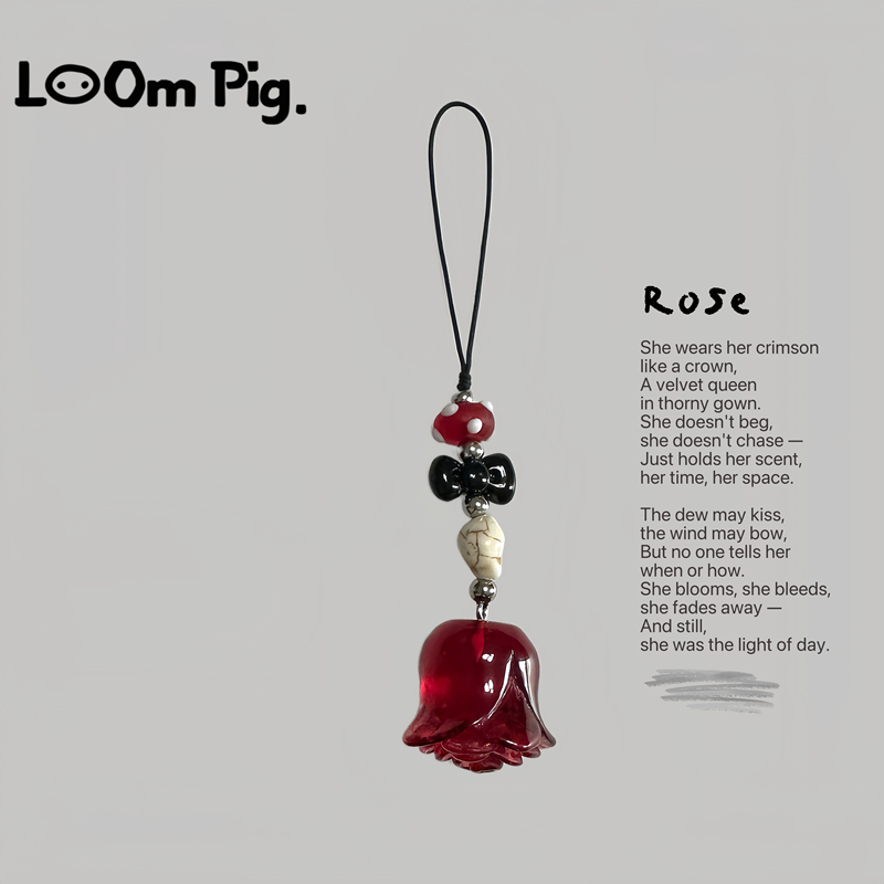 Loom Pig《Rose》Gothic Red Dark Night Rose Phone Chain Bow Pendant·Original