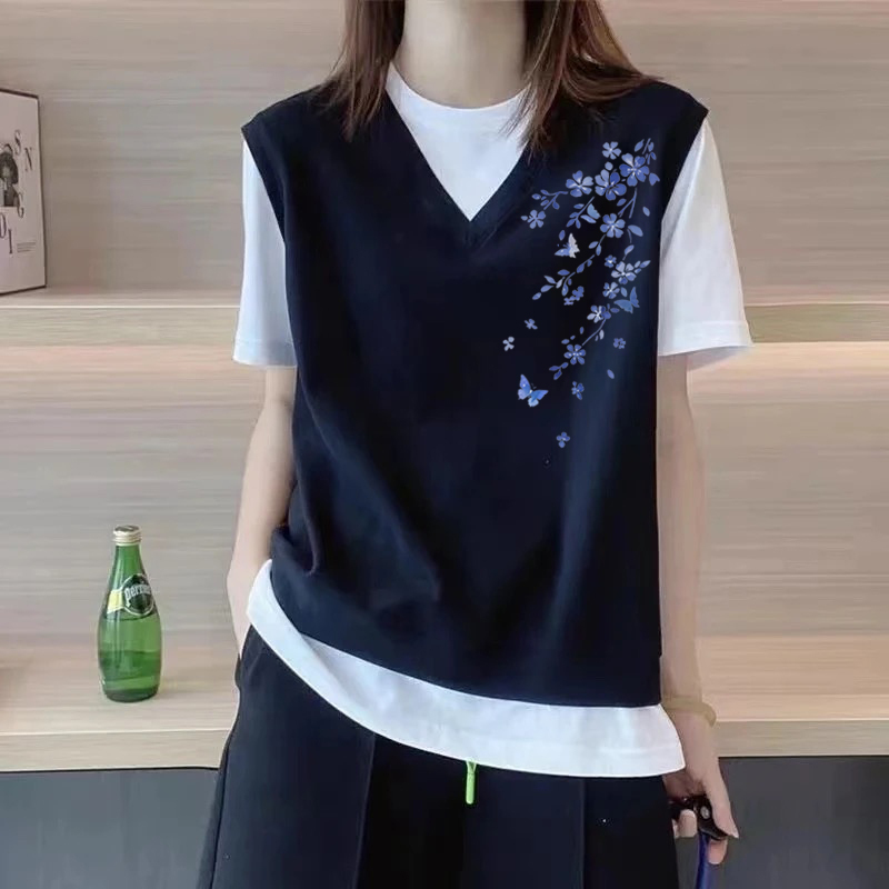 Foreign Trade Export Clearance 100% Pure Cotton Summer Half-Sleeve Fake Two-Piece T-Shirt for Women, Loose Fit, Plus Size, Slimming Casual Top