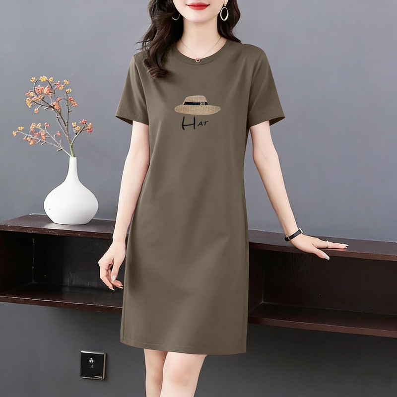 Foreign Trade Export Clearance 100% Pure Cotton Summer Loose Mid-Length T-Shirt Dress Straight Fashion Elegant Dress for Women
