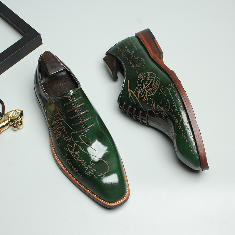 High-End Genuine Leather Formal Handmade Leather Shoes for Men, Green Square-Toe Oxford Shoes, Blue Suit Wedding Shoes, Glossy Patent Leather