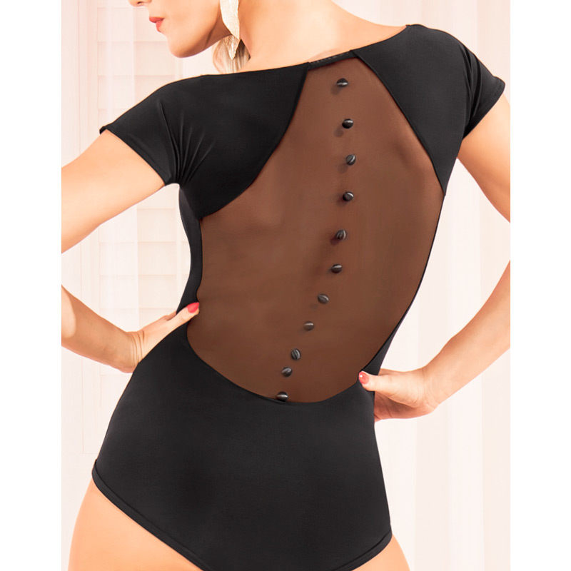 Black Pool Dance Spring Summer Women's Style Practice Performance morden Latin Lieven body Netting Veil back short sleeve blouses T16010