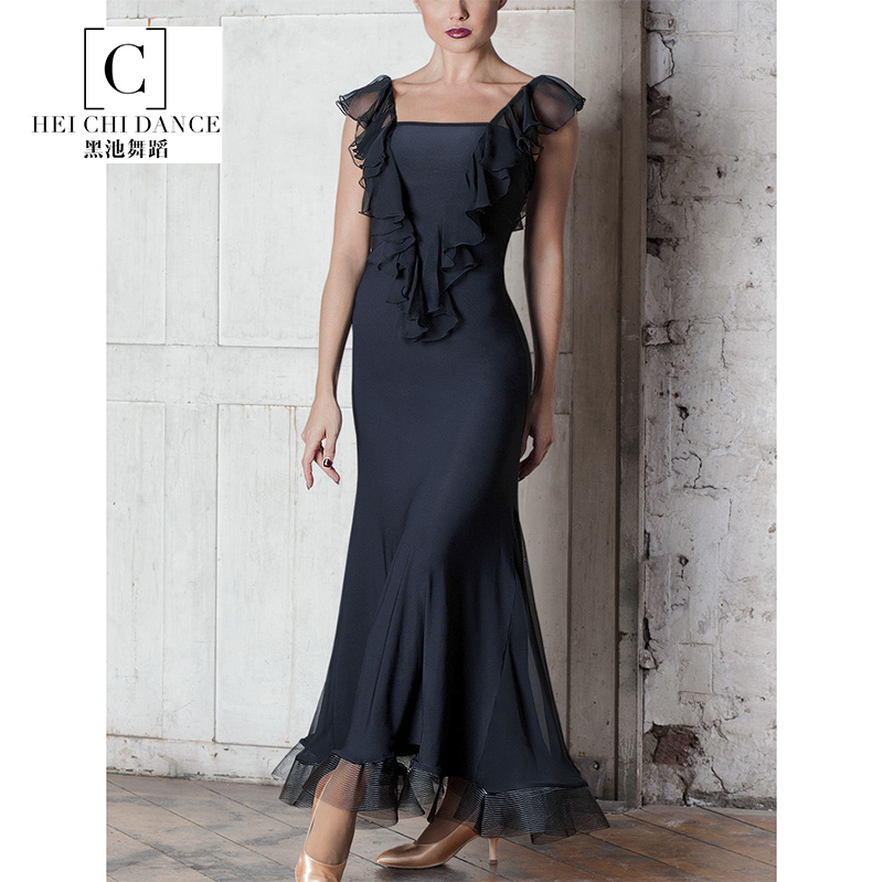 Black Pool New Sleeveless Dorsal Lotus Leaf Lace Big Pendulum Fish Bone Skirt Morden Dance Practice Performance Foreign Dress 7004 Spot