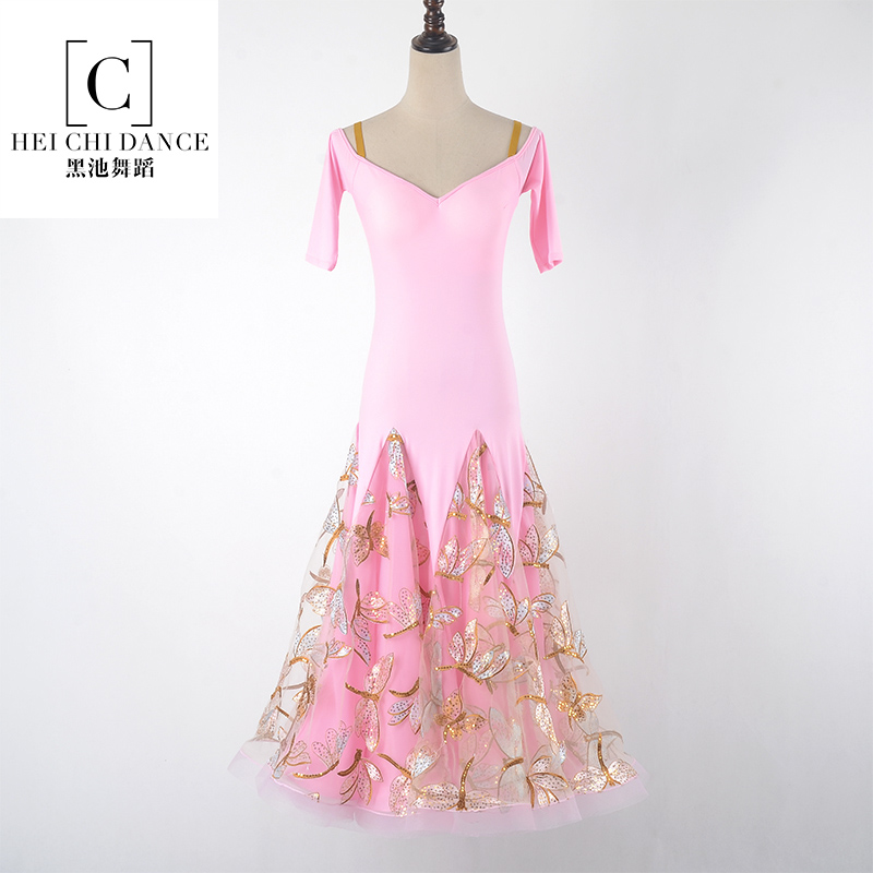 Morden Dance Ocean Dress Autumn Winter Harness Dew Back National Mark Dance Tango Performance Dress Bright Piece Social Dance Large Hem Skirt