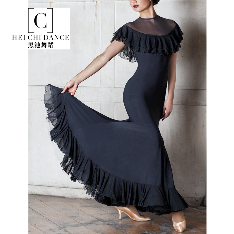 Modern dance dress ballroom dance through net round neck short lotus leaf sleeve big swing dress national standard dance waltz practice dress