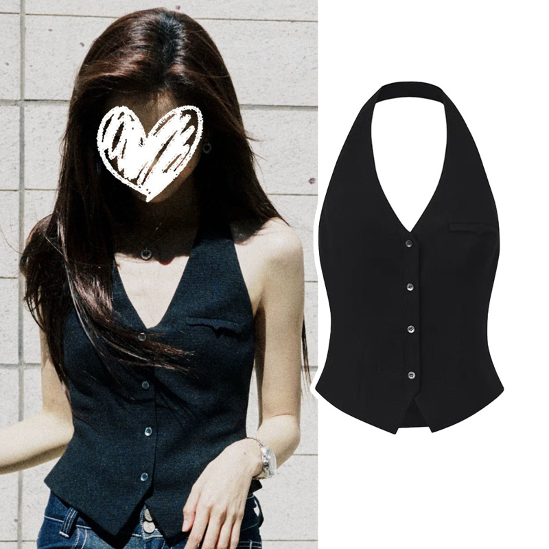 Sun Qian's Same Style Black Halter V-Neck Vest for Women, Outerwear, Waist-Cinching, Slimming, Sleeveless, Fitted Backless Top