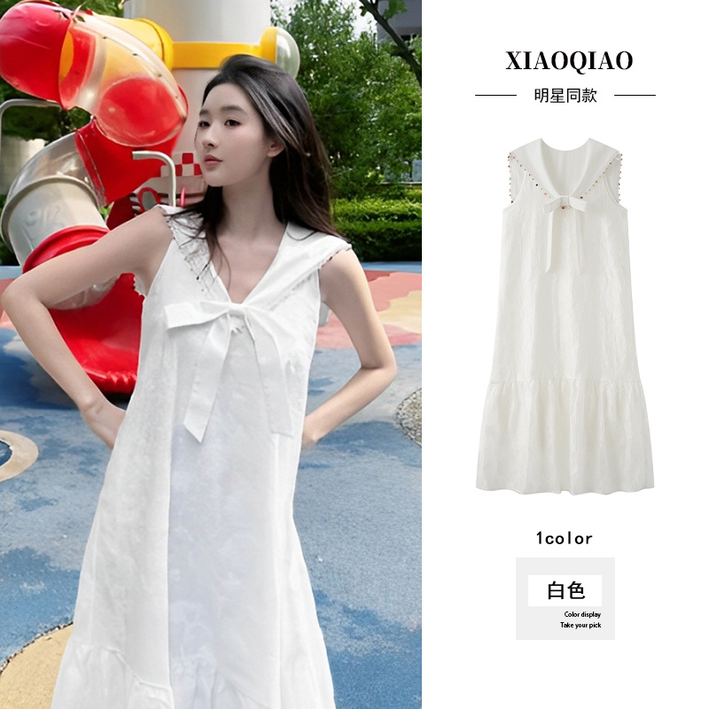 Wang Yuwen's Same Style Preppy White Sailor Collar Dress for Women, Summer Long Dress, Age-Reducing Sleeveless Tank Top White Dress Wang Yuwen's Same Style Preppy White Sailor Collar Dress for Women, Summer Long Dress, Age-Reducing Sleeveless Tank Top White Dress